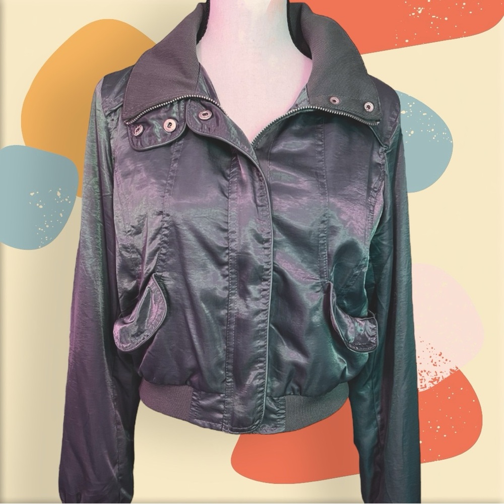 Yag Couture Silky Zip-Up Bomber Jacket with Hidden Hood Large